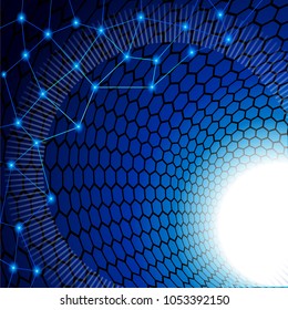 Blue background of technological subject. Blue point on the polygonal mosaic vertex.