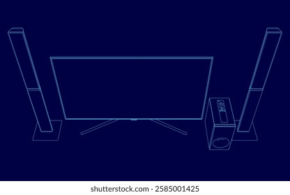 A blue background with a television and speakers. The speakers are on the right side of the television