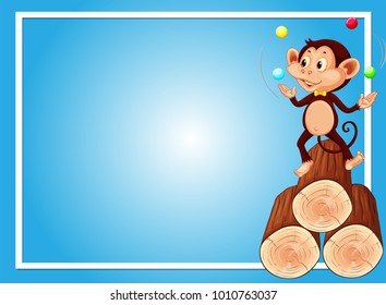 Blue background template with monkey juggling balls illustration