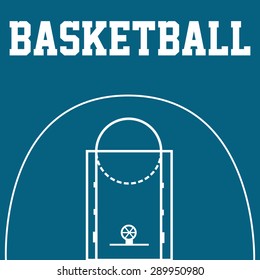 Blue background with text and a basketball field. Vector illustration