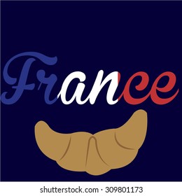 Blue background with text and a croissant. Vector illustration