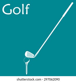 Blue background with text, a golf ball and a club. Vector illustration