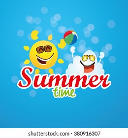 Blue background with text, a happy sun and a happy cloud for summer vacations