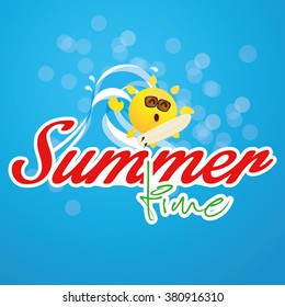 Blue background with text and a happy sun for summer vacations