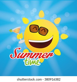 Blue background with text and a happy sun for summer vacations