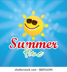 Blue background with text and a happy sun for summer vacations