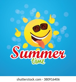 Blue background with text and a happy sun for summer vacations