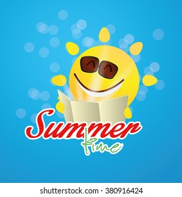 Blue background with text and a happy sun for summer vacations