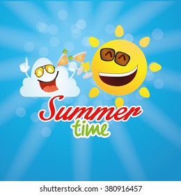 Blue background with text, a happy sun and a happy cloud for summer vacations