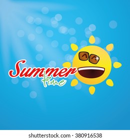 Blue background with text and a happy sun for summer vacations