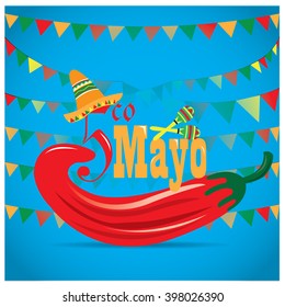 Blue background with text, ornaments, a hat, shakers and a pepper. Cinco de Mayo background.
