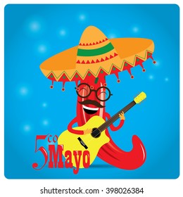 Blue background with text and a pepper playing to the guitar. Cinco de Mayo background.