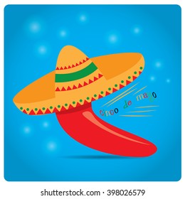 Blue background with text and a pepper with a traditional hat. Cinco de Mayo background.