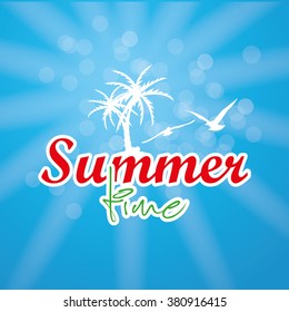 Blue background with text and silhouettes of palm trees and birds for summer vacations