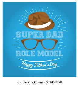 Blue background with text and textured hat and glasses for father's day celebrations