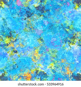 Blue background texture with yellow, purple and green spots. Rough surface. Seamless vector pattern