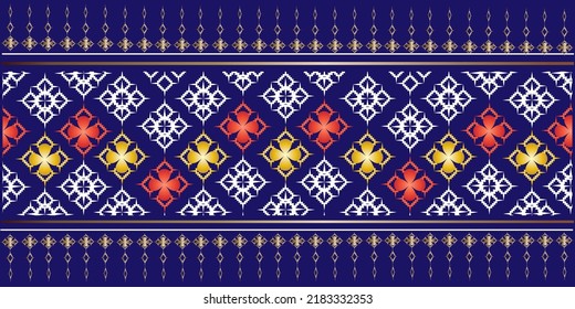 Blue background with Thai motifs and flowers as templates for fashion, invitation cards, flyers, menus, brochures, postcards, backgrounds, wallpapers, decorations, print on fabric.