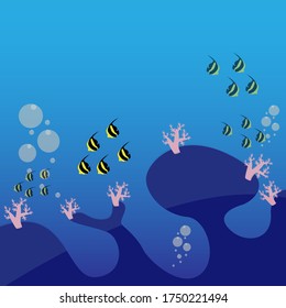 Blue background with the theme of marine life with coral and fish