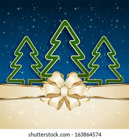 Blue background with three Christmas tree and beige bow, illustration.
