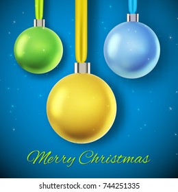 Blue background with three hanging colorful christmas baubles flat isolated vector illustration