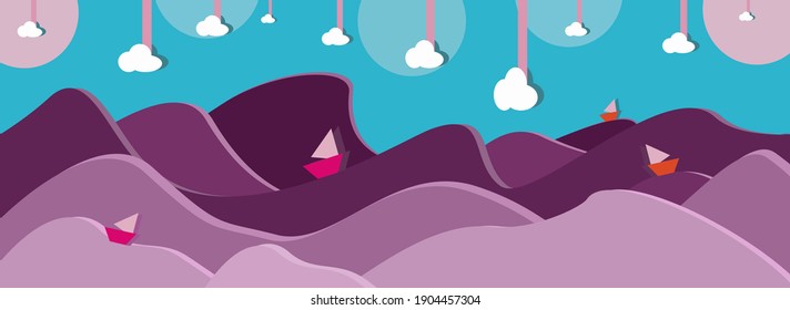 El fondo azul está adornado con un océano violeta con bonitas nubes blancas y un barco con velocidad de calma