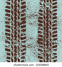 Blue background with tire track and ink blots. eps10