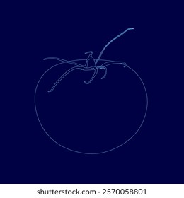 Blue background with a tomato on it. The tomato is shown in a stylized way, with its stem and leaves visible. The image has a dreamy, surreal quality to it