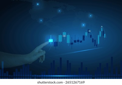Blue Background Trading Graph with Pointing Finger – Investment Analysis