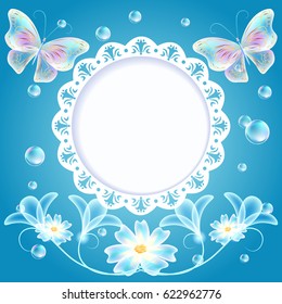 Blue background with transparent butterflies, flowers and openwork frame for text or photo
