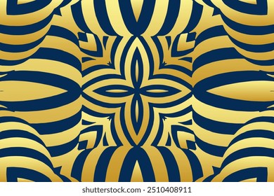Blue background, tribal cover design, banner. Geometric gold fractal original pattern, antistress. Ornaments, ethnicity of the East, Asia, India, Mexico, Aztec, Peru.
