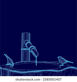 A blue background with two birds drinking from a bird bath. The birds are small and close to the camera