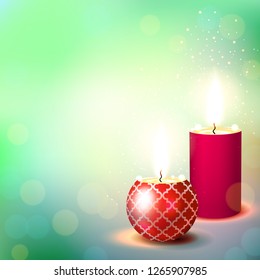 Blue background with two burning red candles in the Christmas style