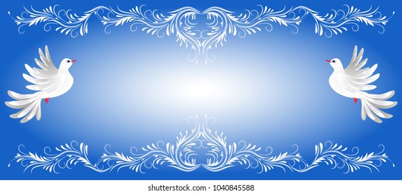 Blue background with two dove and white ornament