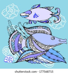  Blue Background with two  fishes. Vector illustration 