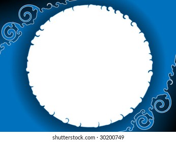 blue background with two swirled corners and white round text area