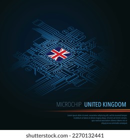 Blue background with UK flag microchip and perspective electric circuit board silhouette. Electronic technology boardwith cpu made in Great Britain