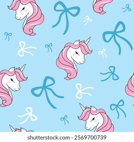 BLUE BACKGROUND UNICORN BOW SEAMLESS PATTERN PRINT