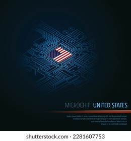 Blue background with USA flag microchip and perspective electric circuit board silhouette. Electronic technology boardwith cpu made in America