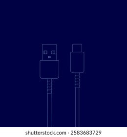 A blue background with a USB cable on it. The cable is blue outline and has a usb-c plug