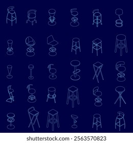 Blue background with a variety of chairs and stools drawn in blue. The chairs and stools are all different shapes and sizes, and they are all drawn in a stylized, abstract way