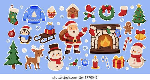 A blue background with a variety of Christmas decorations including a penguin, a reindeer, a snowman, a gingerbread man, a wreath, a fireplace, a Christmas tree, and a Santa Claus