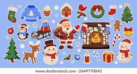 A blue background with a variety of Christmas decorations including a penguin, a reindeer, a snowman, a gingerbread man, a wreath, a fireplace, a Christmas tree, and a Santa Claus
