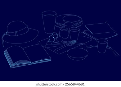 Blue background with various items such as a hat, a book, a cup, a spoon, a fork, and a bowl. The hat is placed on the left side of the image, while the book is positioned towards the center