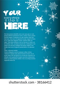 Blue background with various white snowflakes. Winter card