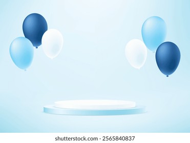 Blue background vector 3d with balloons and podium. Product display presentation. Space for selling products on the website. Vector illustration.