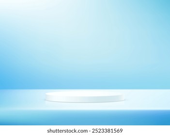 Vector de fondo azul 3d con podio blanco. Fondo de la habitación de estudio azul vacío. Espacio para la venta de productos en el Sitio web. Mínima demostración de la exhibición de la maqueta de la escena de la pared. Ilustración vectorial.