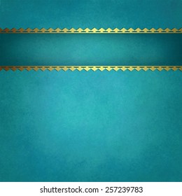 blue background vector with gold trimmed ribbon that is blank for title or text, blue green textured report cover or brochure with copyspace, vintage striped decor