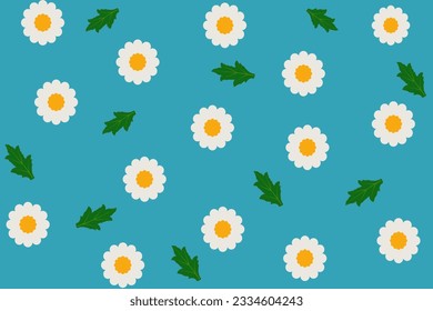 blue background vector illustration decorated with daisies and green leaves freehand arrangement