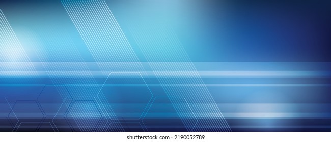 Blue background in vector illustration with glow and movement,  bright geometric shape, hexagons and parallel lines.
