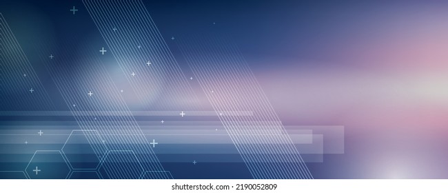 Fondo azul en ilustración vectorial con brillo y movimiento, forma geométrica brillante, hexágonos y líneas paralelas.